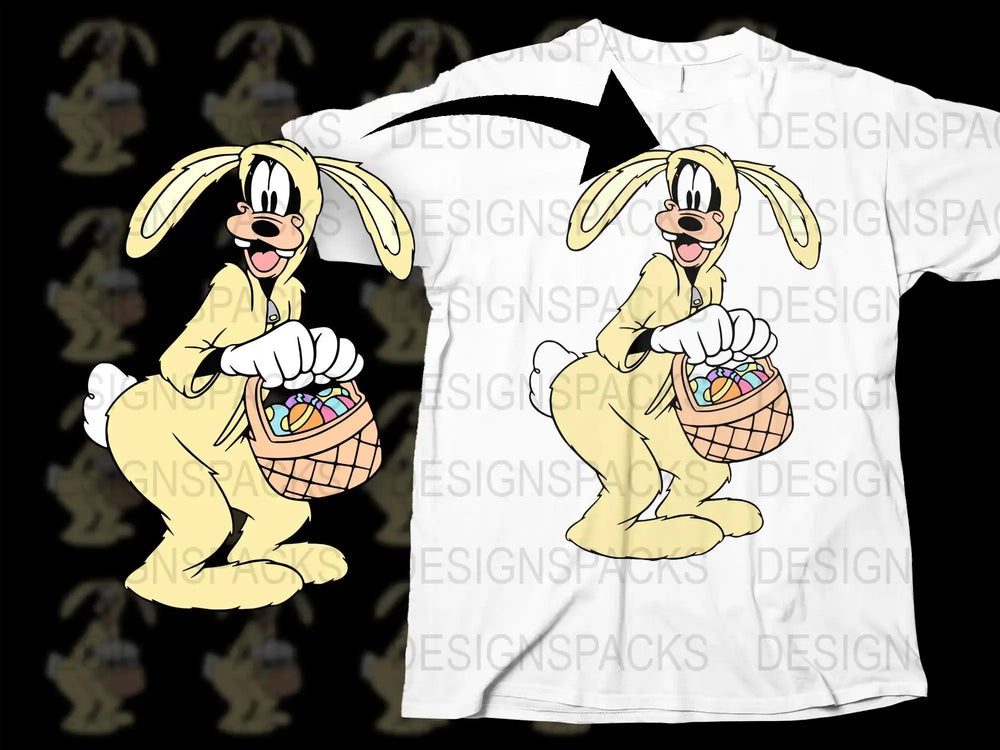 Goofy in bunny costume holding Easter basket, print-ready design for t-shirts