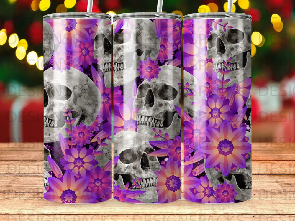 Skulls and purple flowers with a bokeh background.
