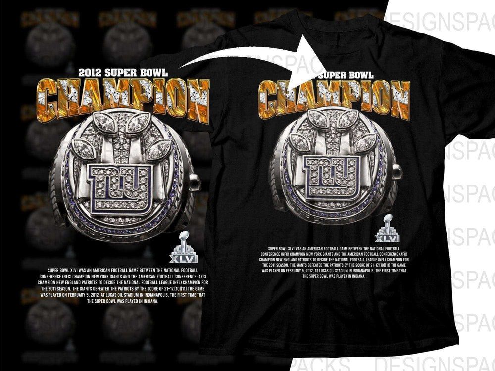 2012 Super Bowl Champion NY Giants t-shirt design with championship ring graphic, print-ready for DTG/DTF