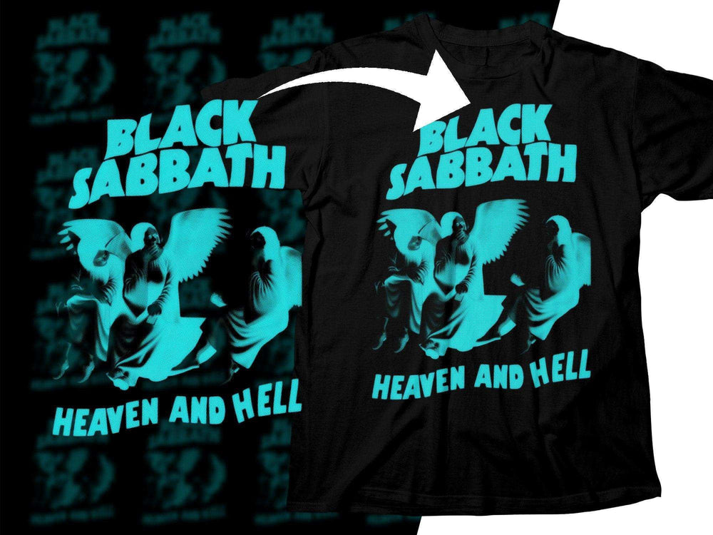 Black Sabbath Heaven and Hell t-shirt design with teal graphic print