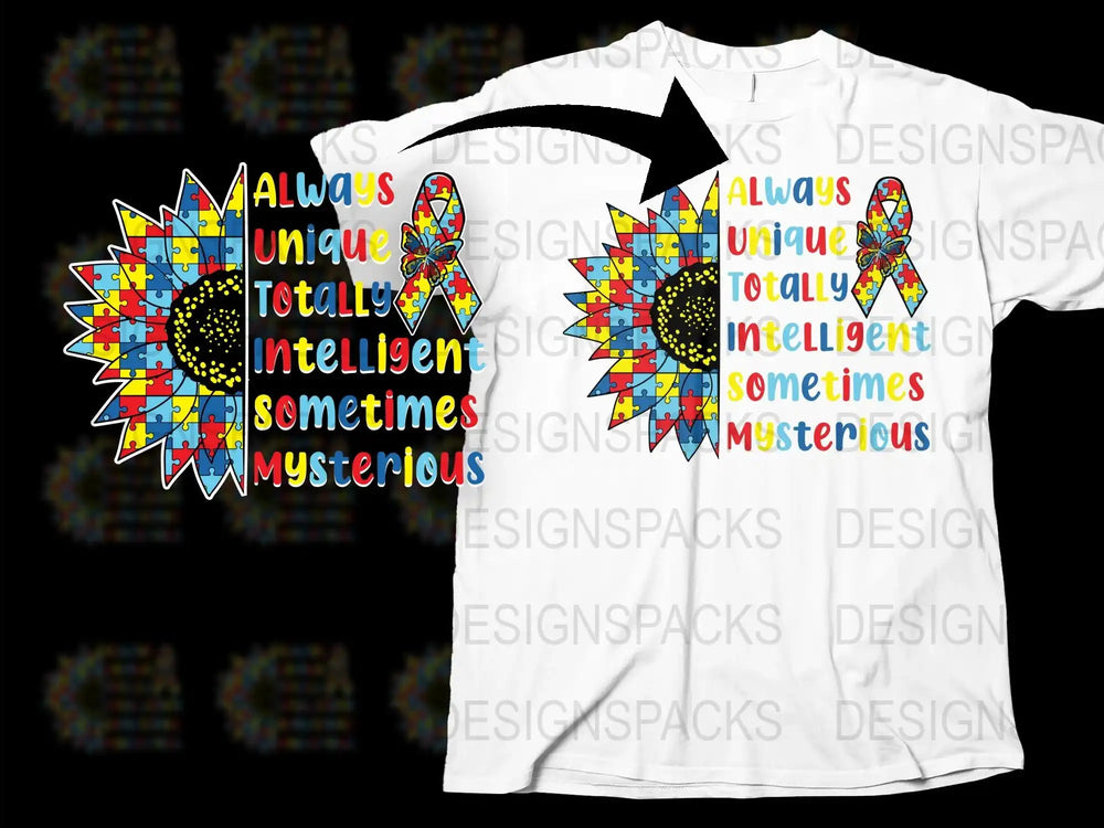 Unique Autism Awareness T-Shirt, Colorful Puzzle Pieces Design, Always Intelligent and Mysterious Tee