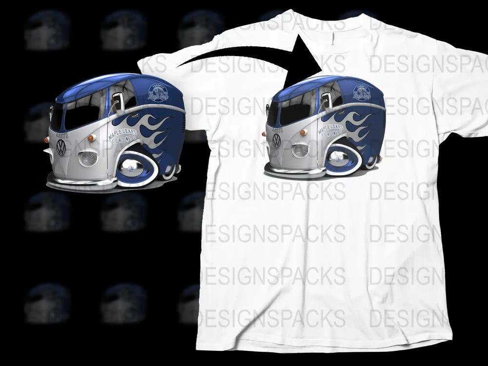 Toronto Maple Leafs VW bus t-shirt design with blue flames, print-ready for DTG or DTF