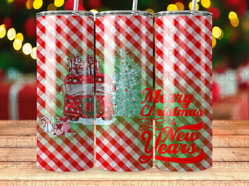 Red and white checkered tumbler with Christmas bus, tree, gifts, and "Happy New Year" text.