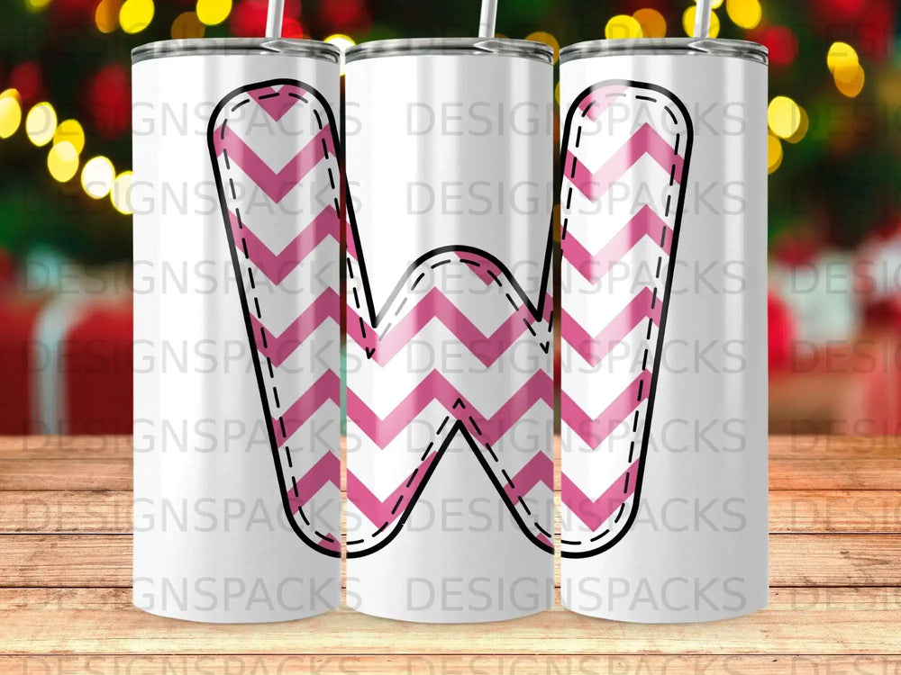 Tumbler with pink and white chevron "W" pattern, partially obscured by text overlay.