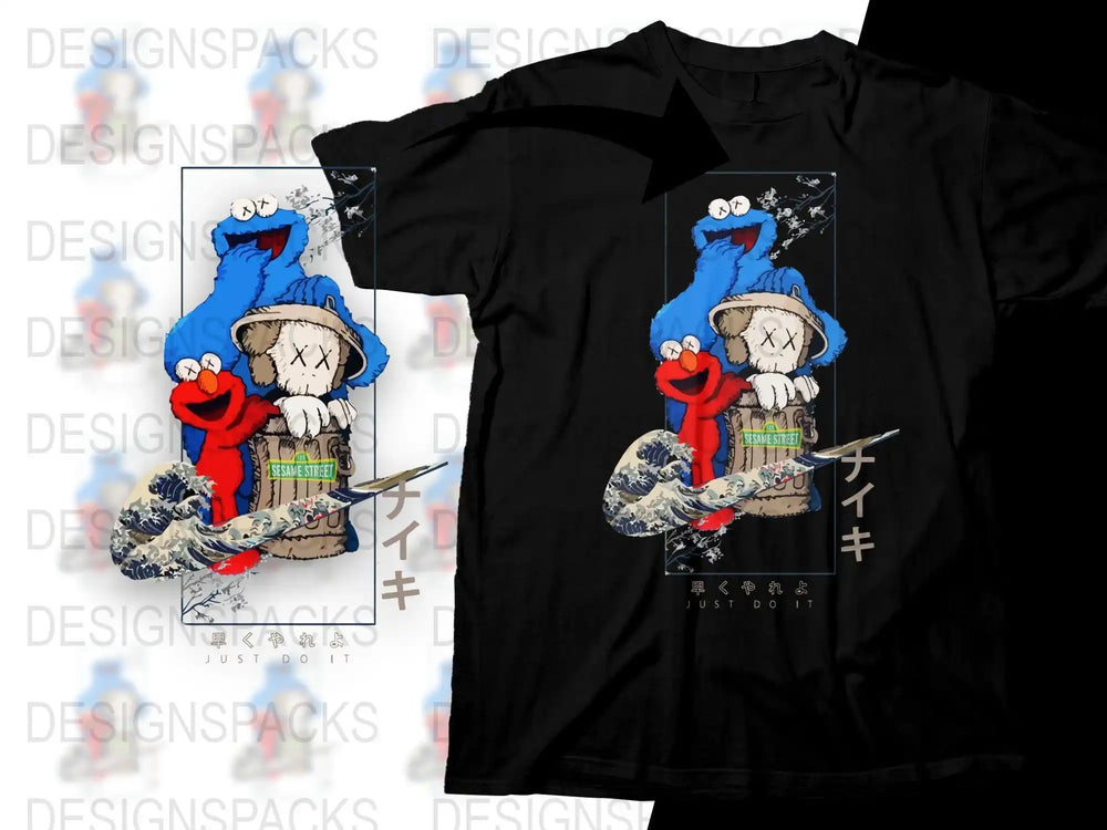 Sesame Street Elmo & Cookie Monster t-shirt design with Japanese wave art, print-ready for DTG/DTF
