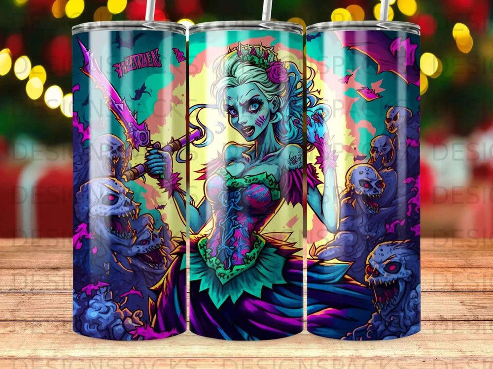 Zombie queen with sword surrounded by ghouls in dark, festive colors.