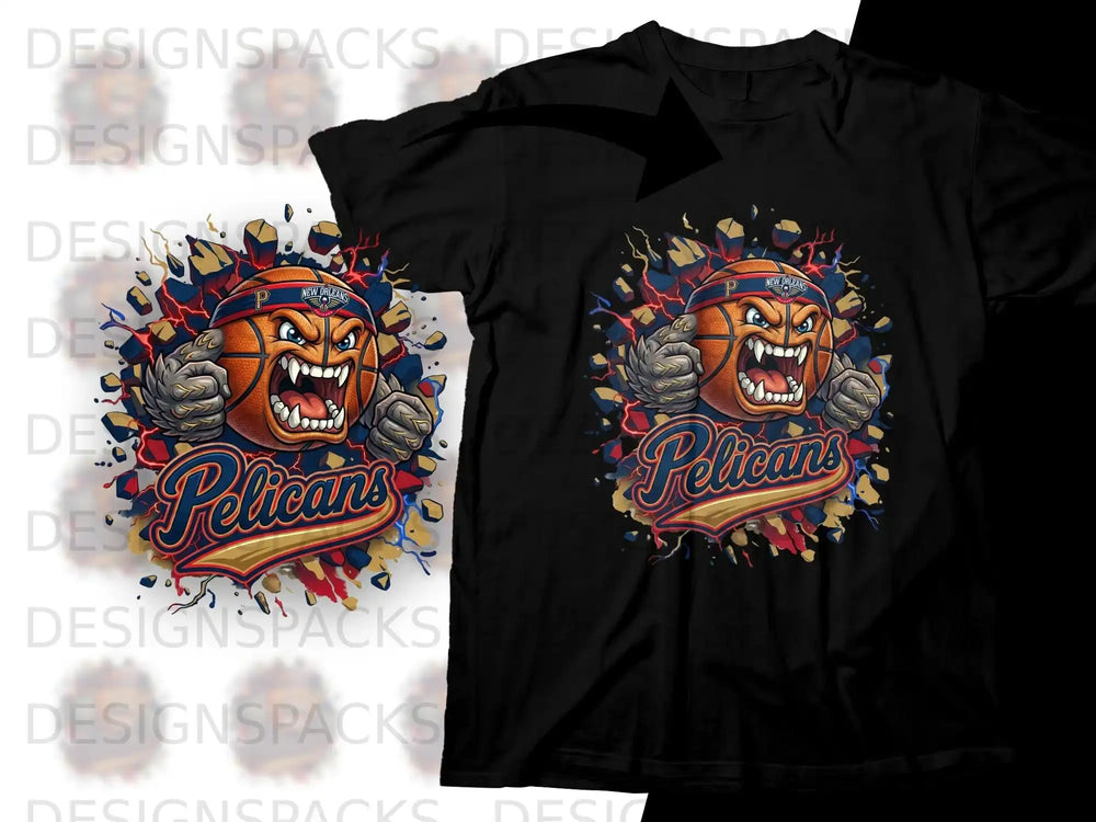 New Orleans Pelicans basketball logo on a black t-shirt.