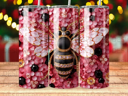 Pink and black glitter bee with floral accents on tumbler.