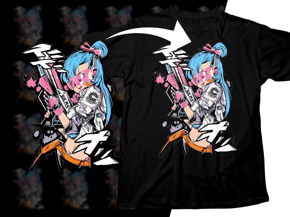 Anime girl with blue hair and pink gun on black t-shirt design, print-ready graphic