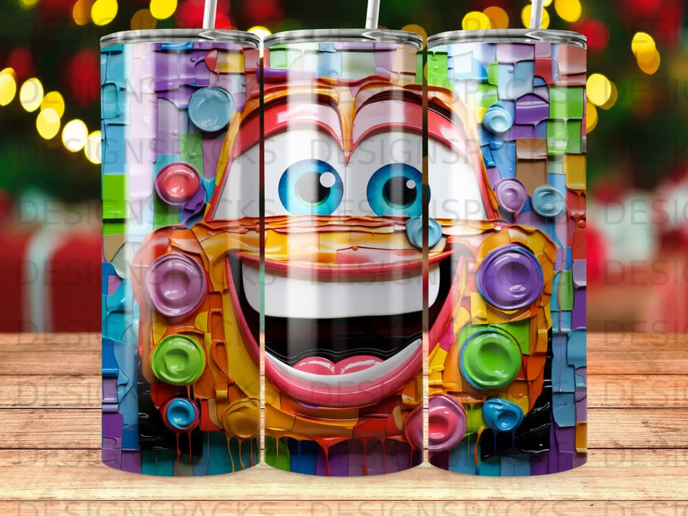 Smiling cartoon car with colorful, textured paint effect.
