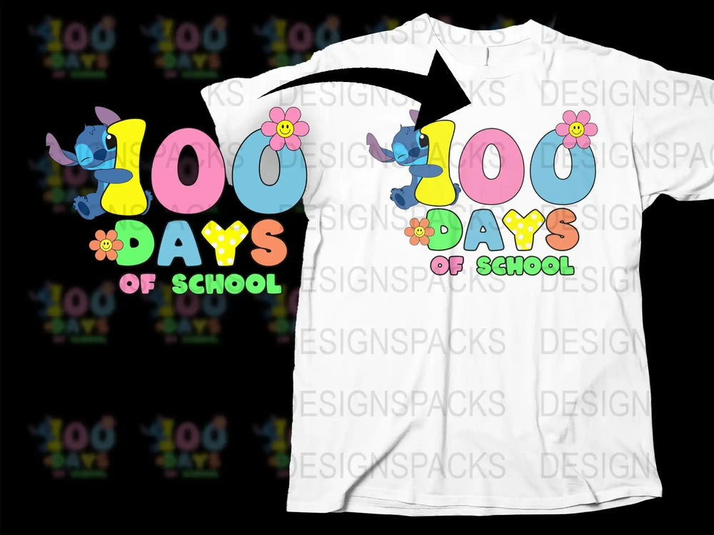 Stitch 100 Days of School t-shirt design with colorful numbers, flowers, and print-ready SVG/PNG