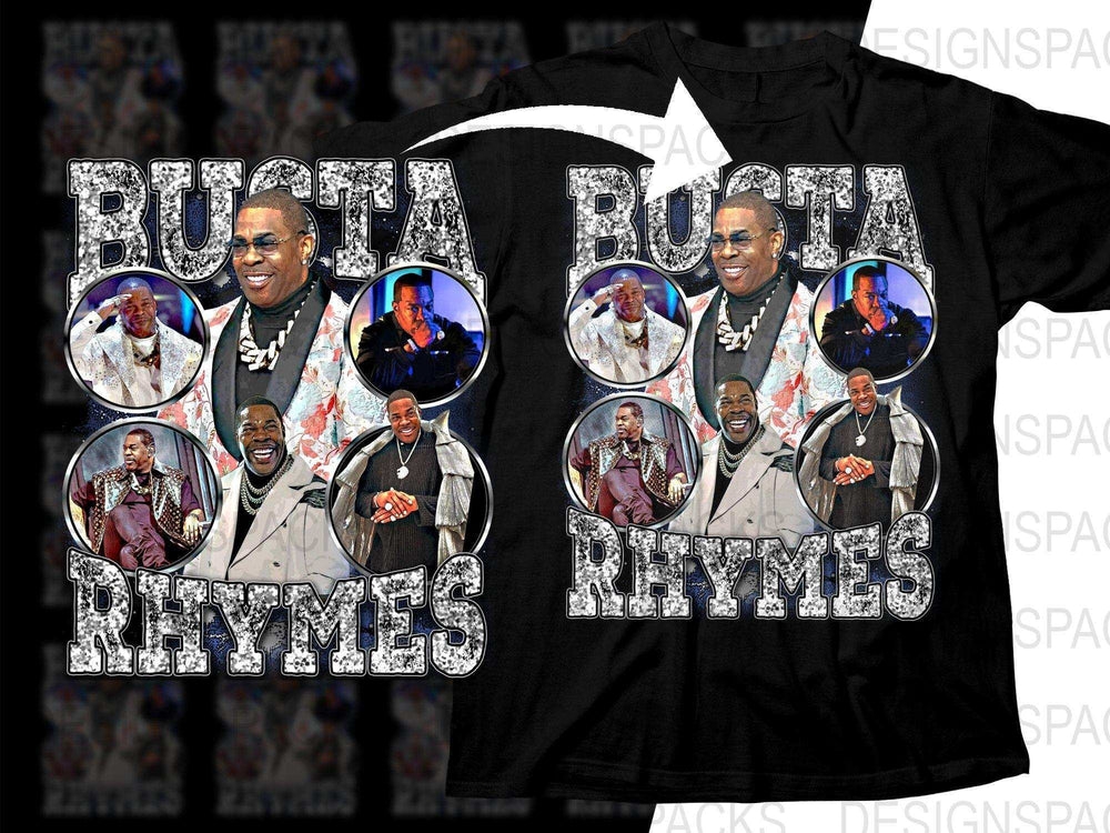 Busta Rhymes t-shirt design with collage of iconic photos and glitter text for DTF/DTG printing