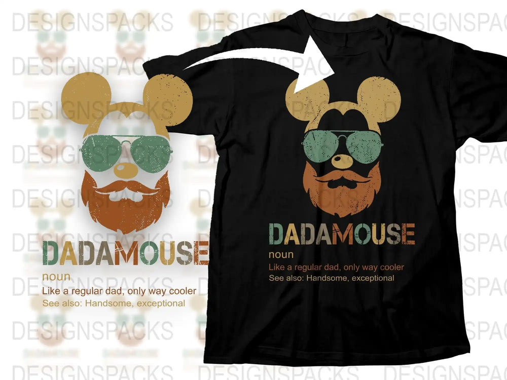 Dad Mouse design on black t-shirt with beard, sunglasses, and vintage text for cool dads
