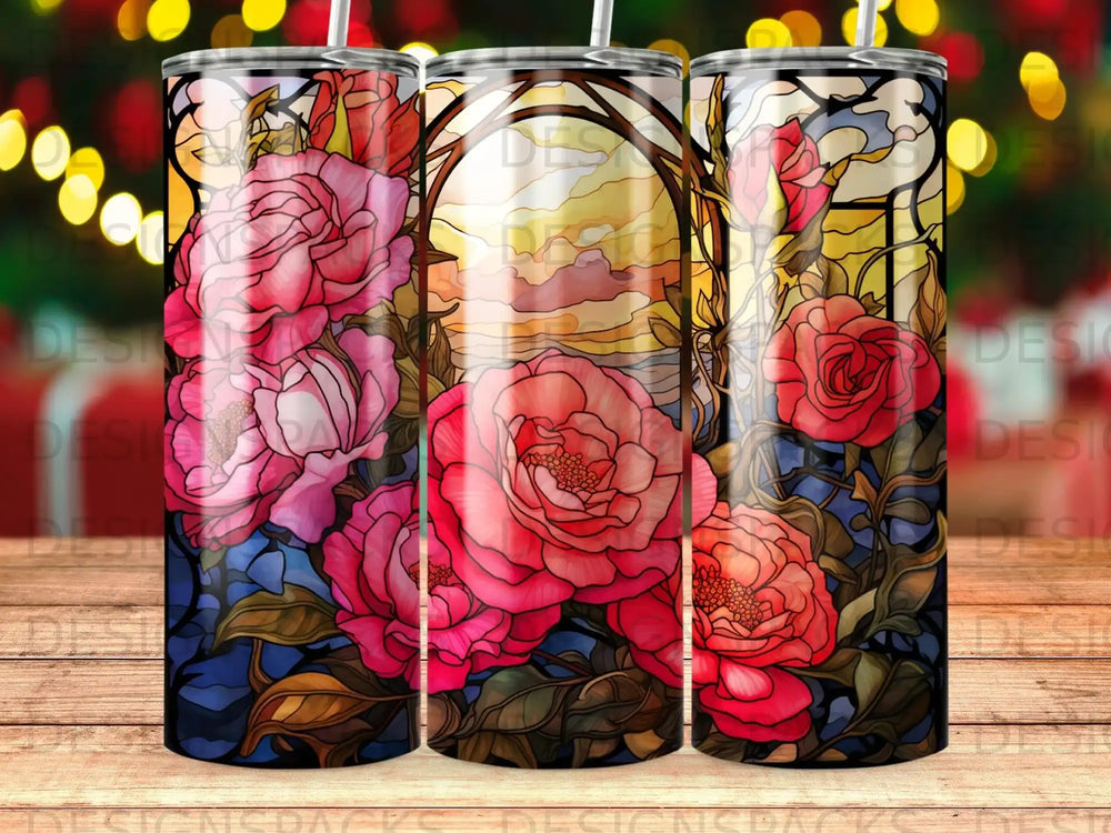 Stained glass pattern of pink roses with sunlight behind them.