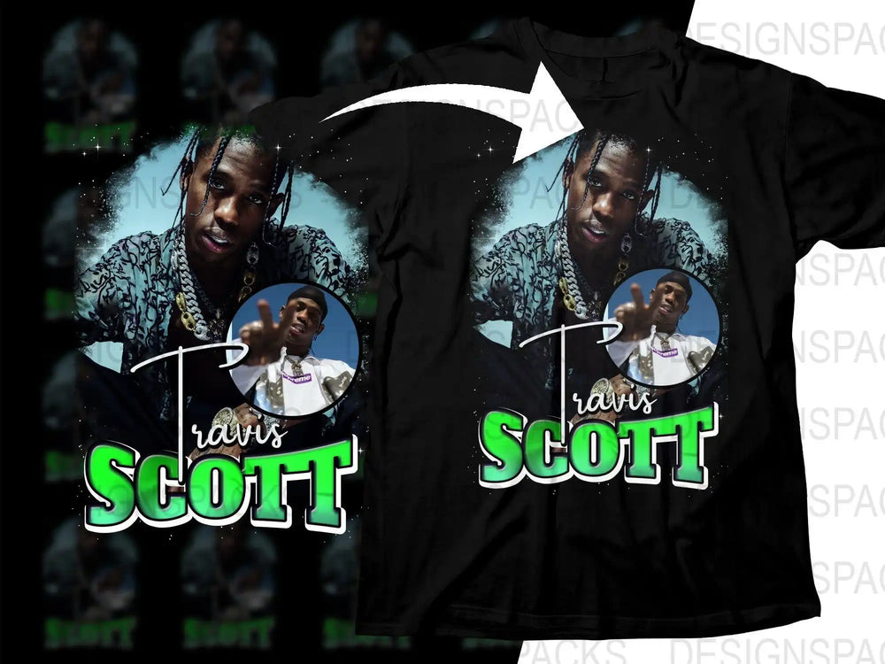 Travis Scott t-shirt design with green text, photo collage, and sparkle effects for DTF/DTG printing