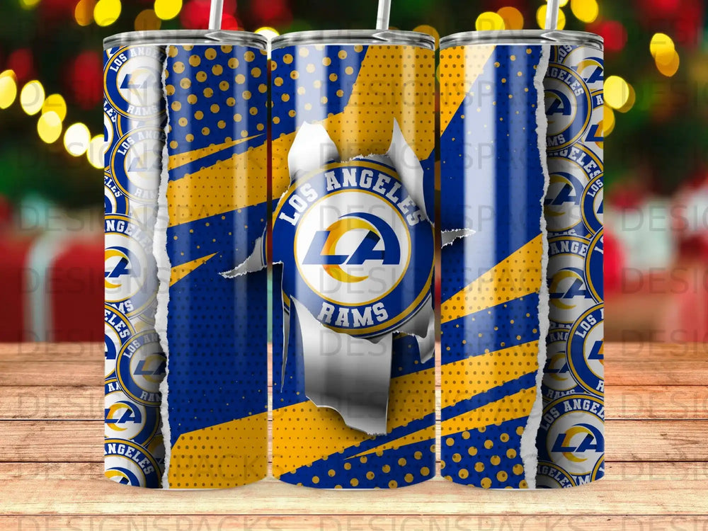 Los Angeles Rams logo on a broken, ripped-open blue and gold tumbler pattern.
