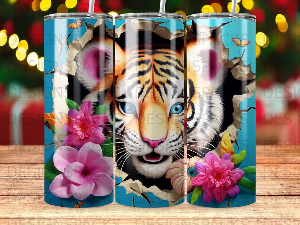 Tiger's face breaks through a ripped background with pink flowers.