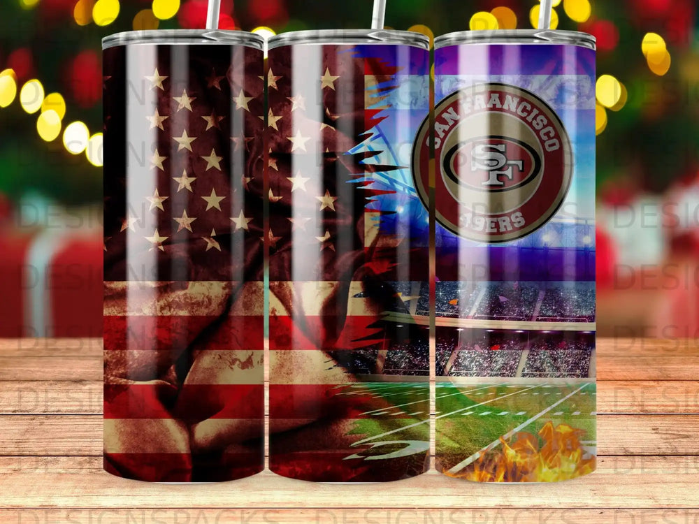 American flag and San Francisco 49ers logo on a tumbler.