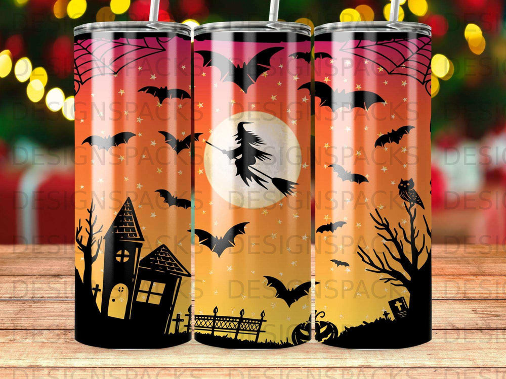 Halloween tumbler wrap with witch, castle, bats, and spooky trees.