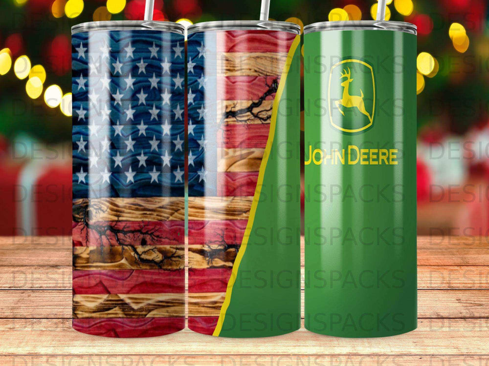 Three tumblers featuring American flag and John Deere logos.