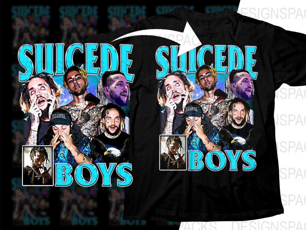 Suicede Boys t-shirt design with vibrant blue text and tattooed figures, print-ready for DTG/DTF