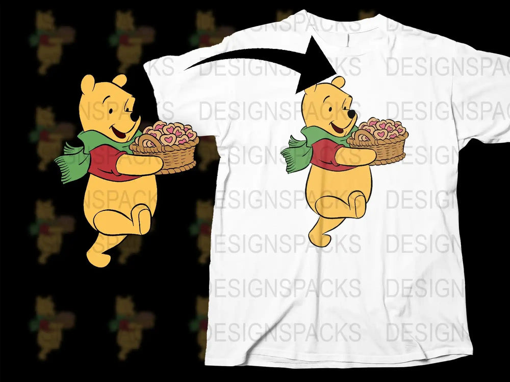 Winnie the Pooh holding heart cookies on a white t-shirt, print-ready design