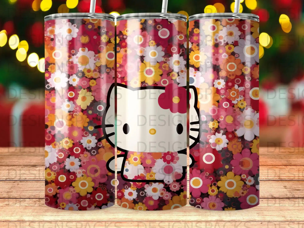 Hello Kitty with red bow on floral background with bokeh lights