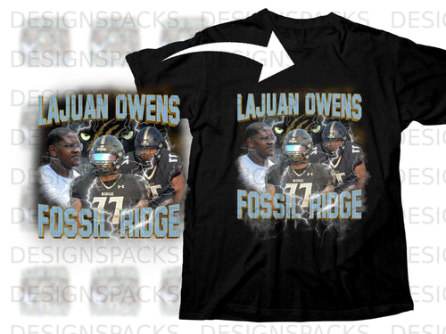 Black t-shirt featuring LaJuan Owens and Fossil Ridge text with football players.