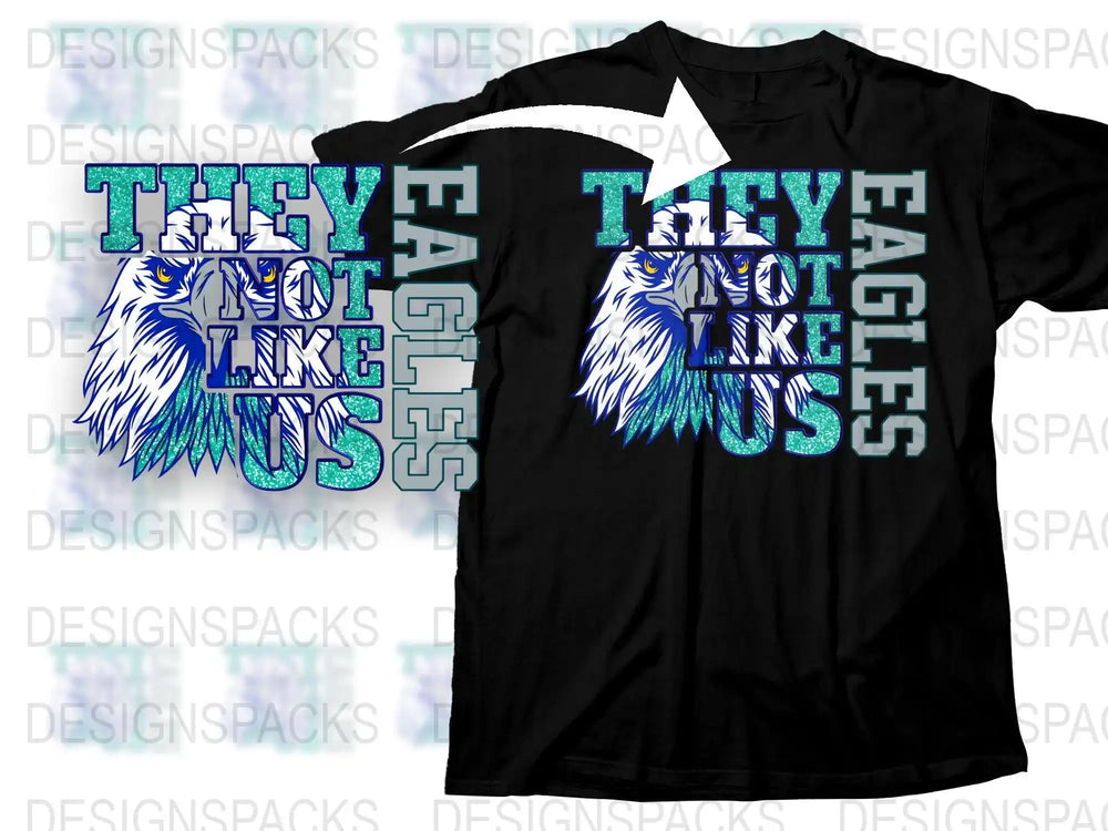Eagle graphic t-shirt with 'They Not Like Us' text in glittery teal and blue design