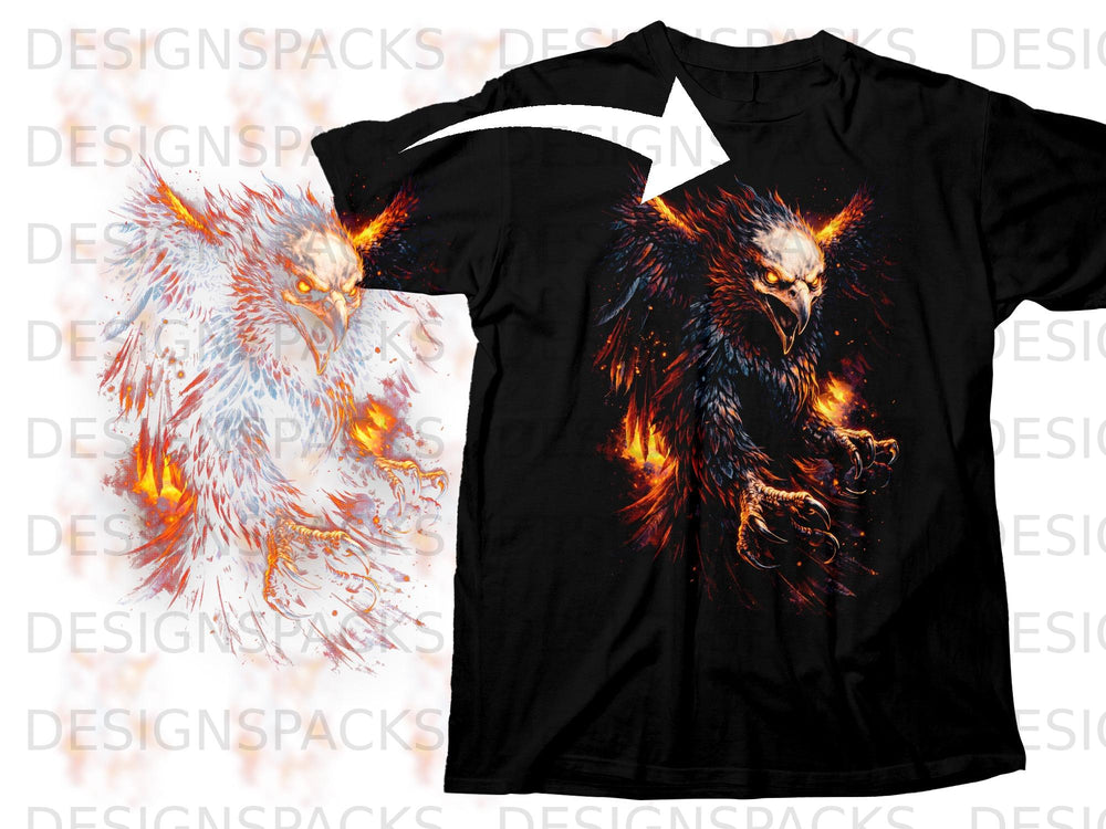 Black t-shirt with a fiery eagle graphic printed on the front.