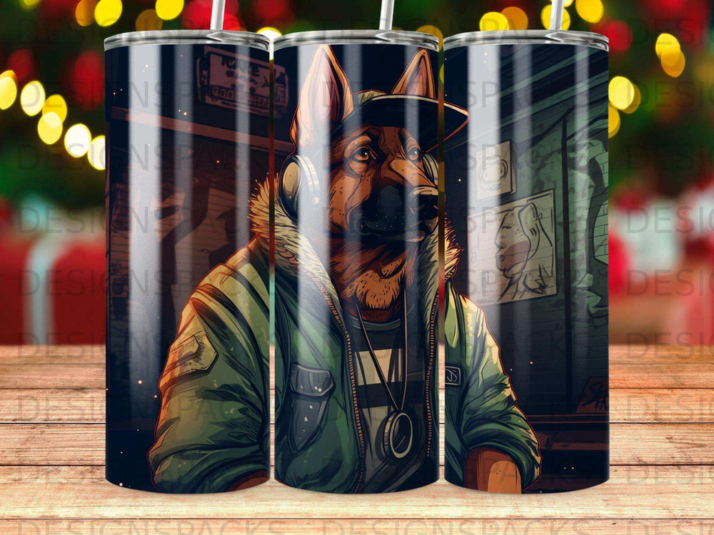 German Shepherd wearing headphones and a jacket, seated.