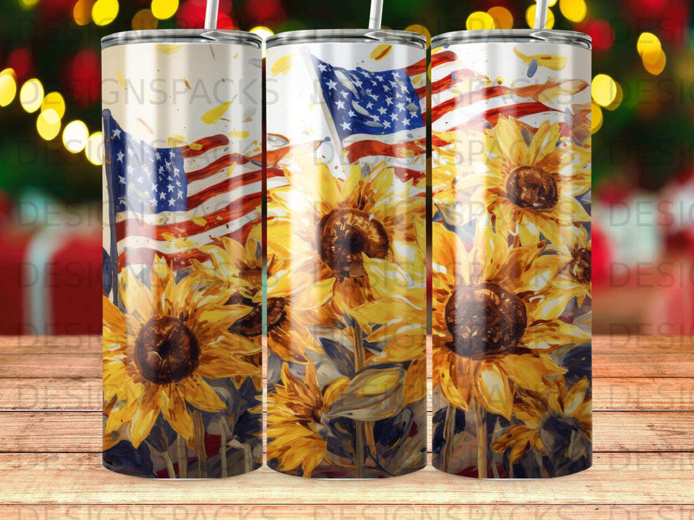 Sunflowers and American flag design on a triple tumbler product mockup.