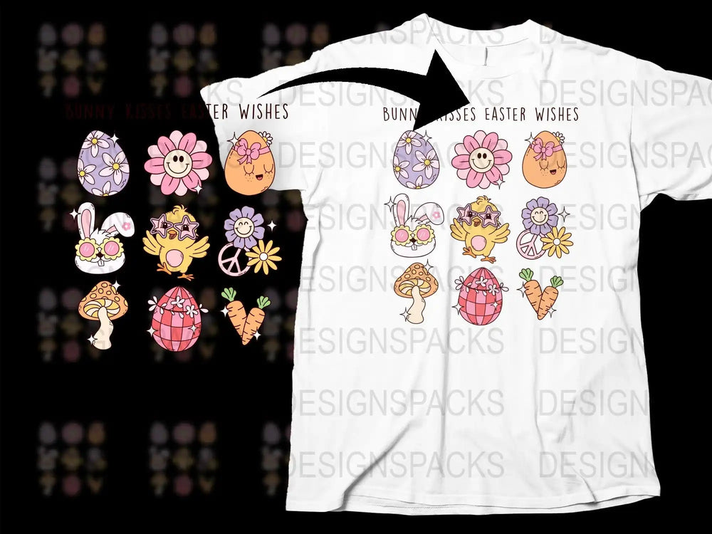 Easter-themed t-shirt with cute bunnies, eggs, flowers, and carrots for festive print designs