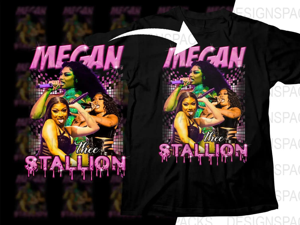 Megan Thee Stallion concert design on black t-shirt with vibrant pink text and stage visuals