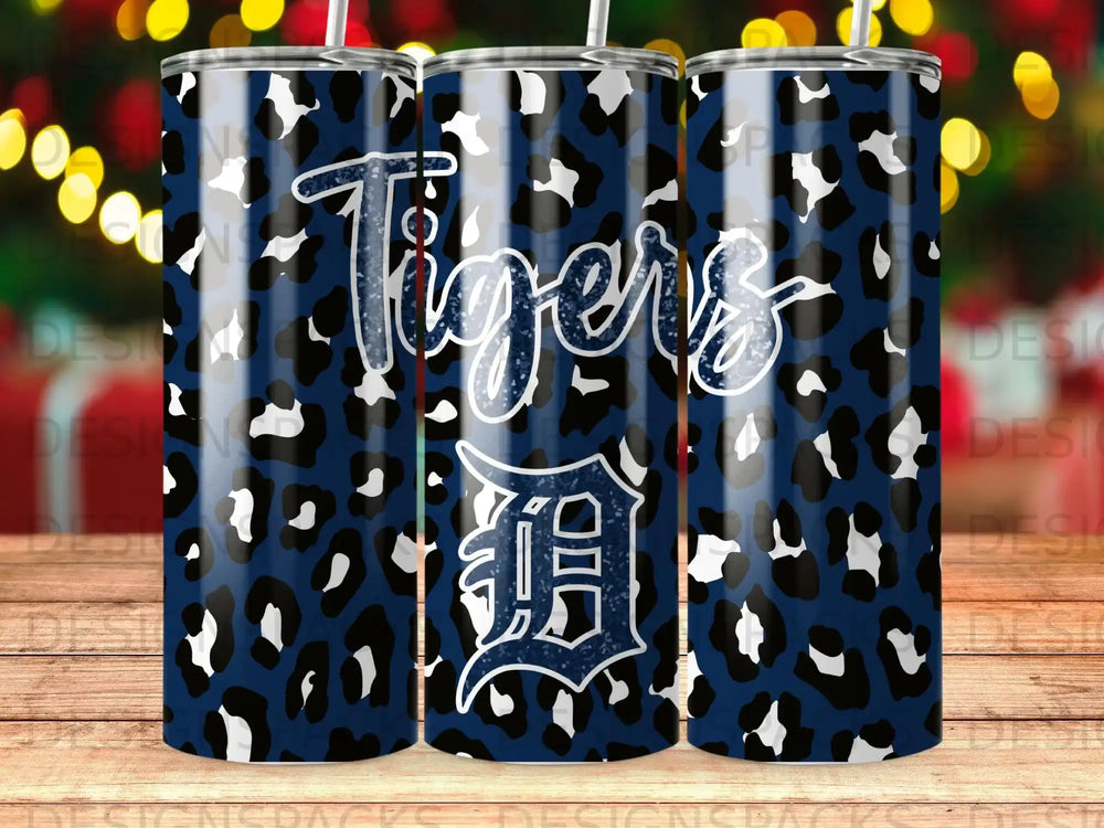 Navy blue tumbler with white and black leopard print and Detroit Tigers logo.
