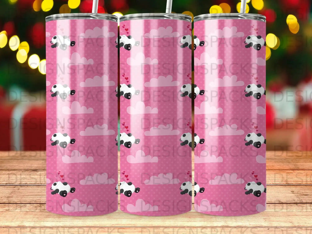 Pink tumbler with cartoon pandas and clouds pattern.