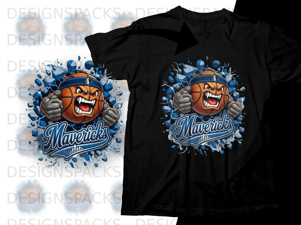 Black t-shirt with "Mavericks" basketball mascot cartoon graphic.