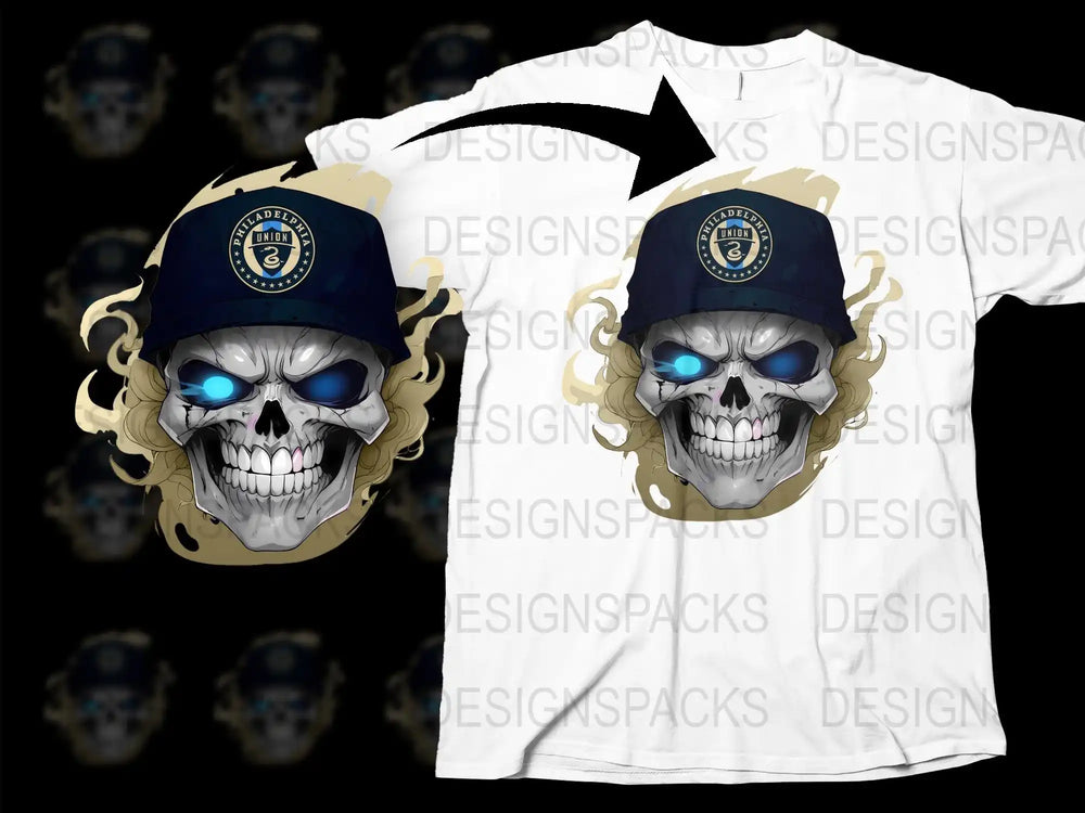 Skull with blue eyes and Philadelphia Union cap on white t-shirt design