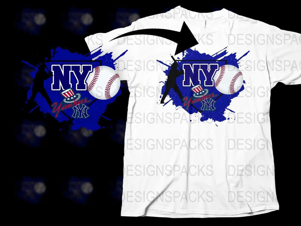 NY Yankees baseball design on white t-shirt with blue splash and player silhouette