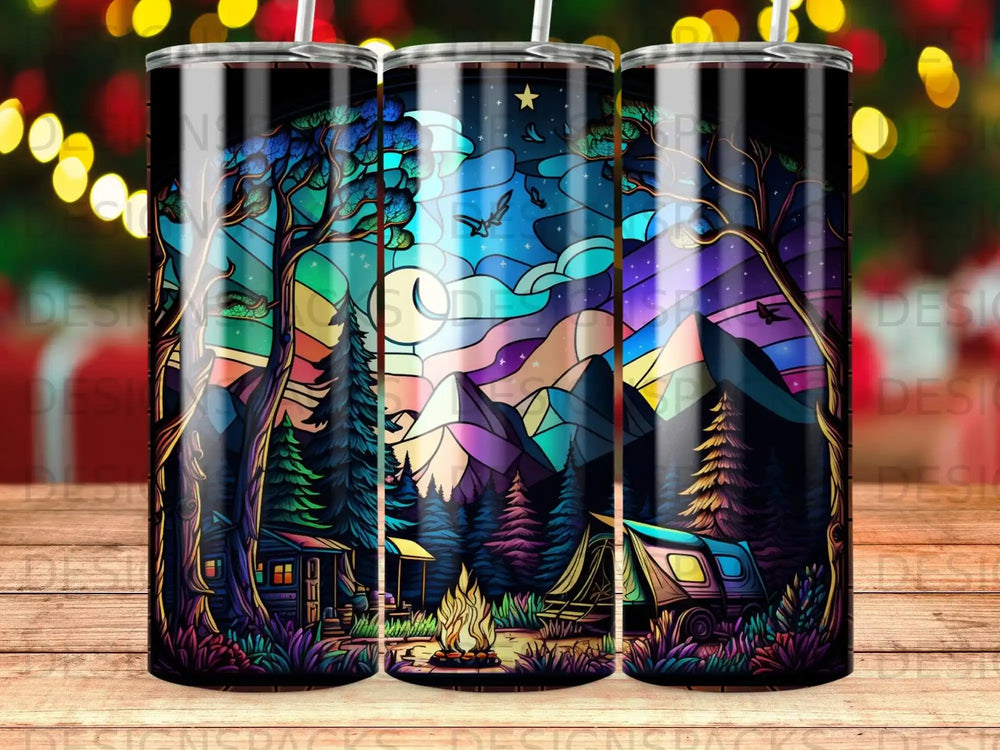 Colorful mountain landscape with campfire, tent, and camper trailer.