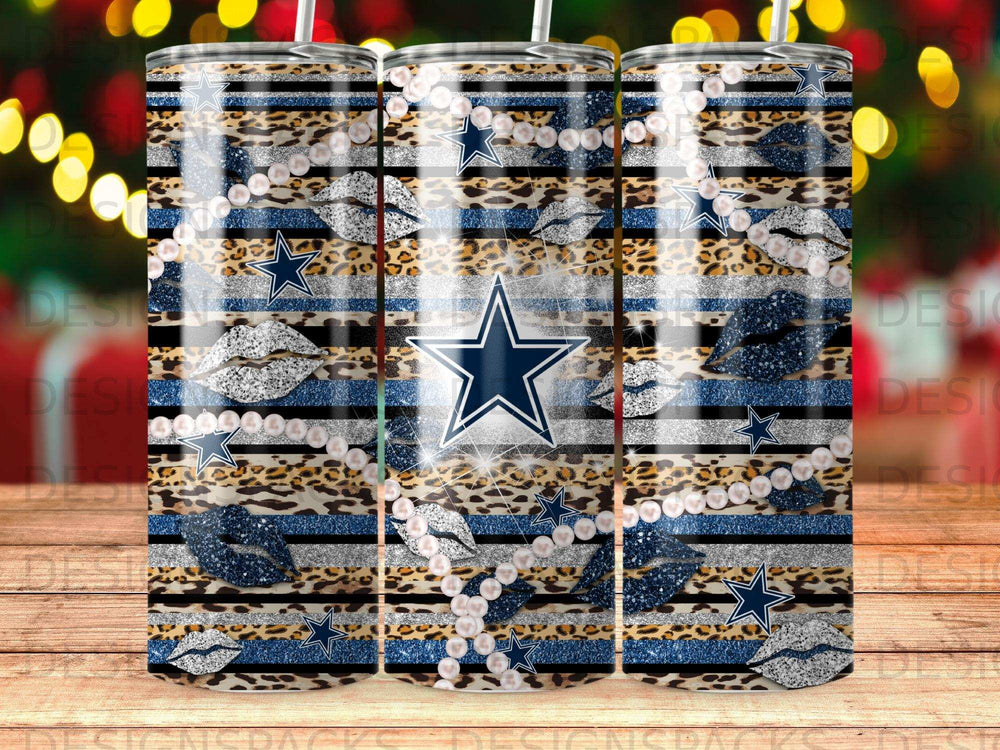 Dallas Cowboys star logo with glitter, leopard print, and lip accents on tumbler.