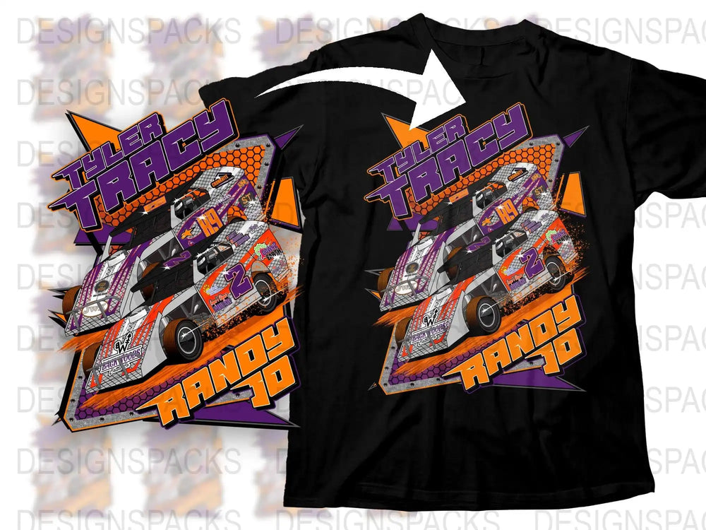 Racing car design t-shirt with Tyler Tracy and Randy 70 graphics, vibrant orange and purple colors