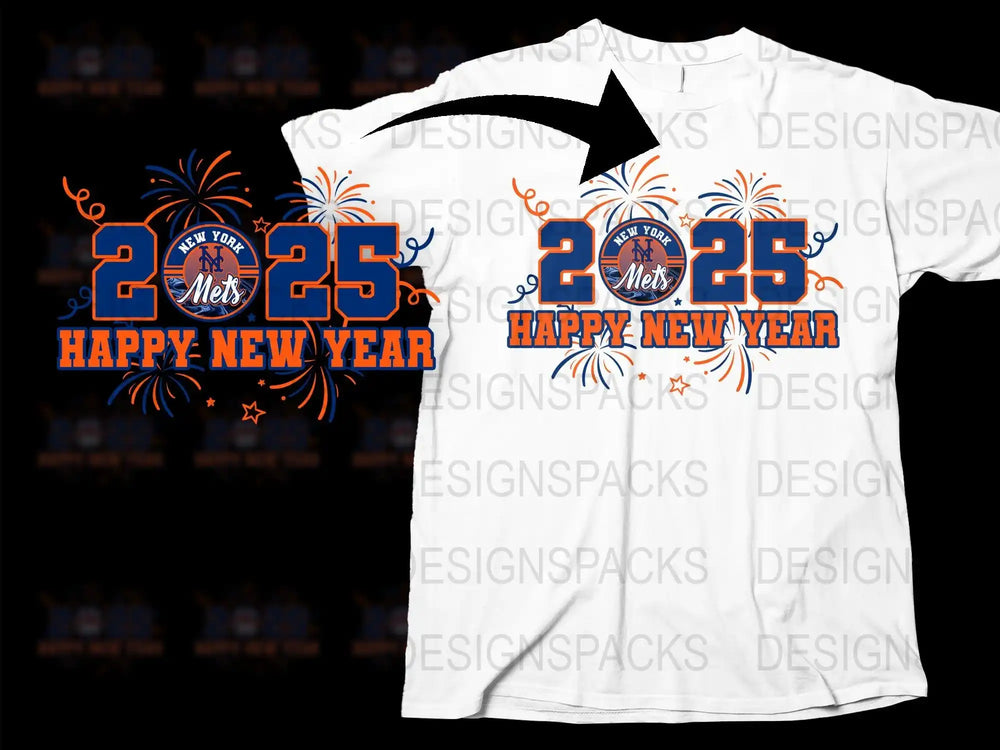 2025 Happy New Year Mets t-shirt design with fireworks, print-ready for DTF/DTG
