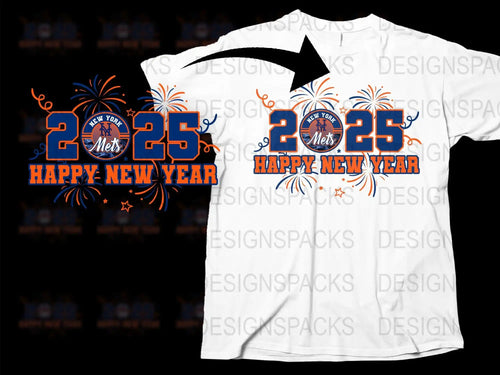2025 Happy New Year Mets t-shirt design with fireworks, print-ready for DTF/DTG