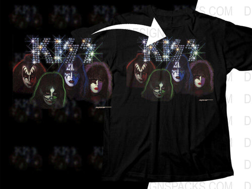 KISS band faces with sparkling effects on black t-shirt design