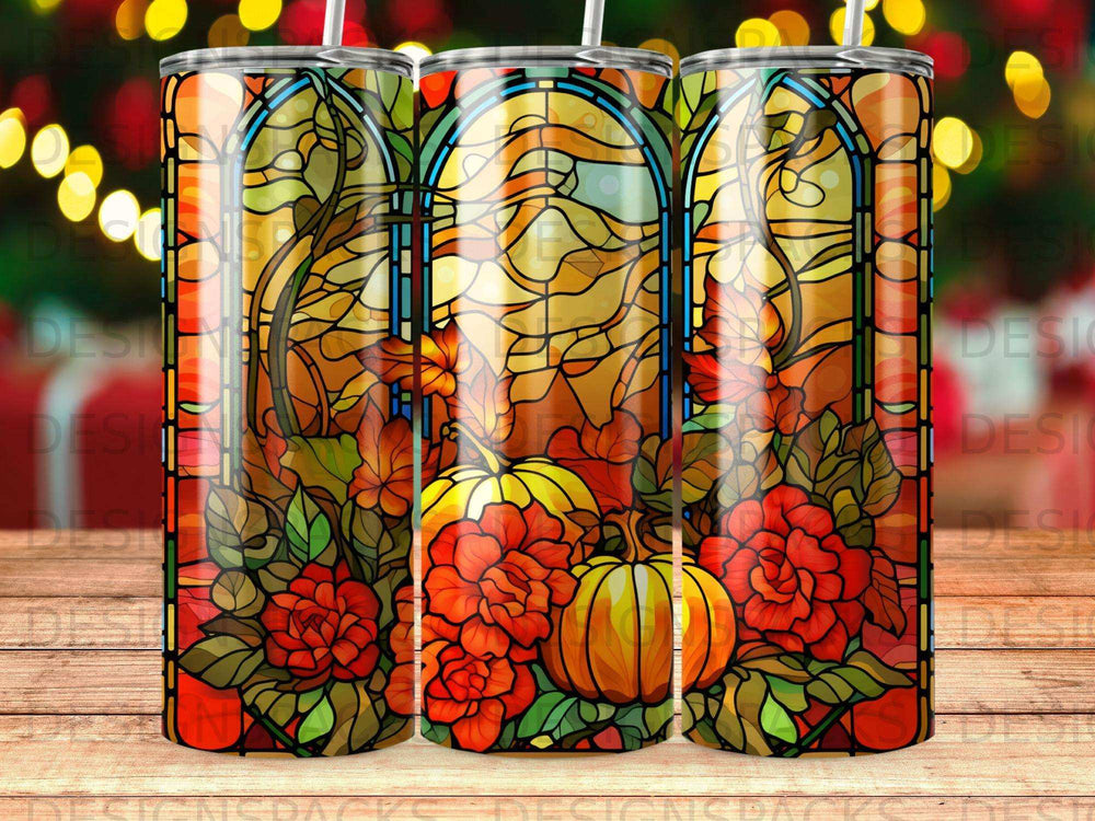 Stained glass design featuring pumpkins and red roses with autumn leaves.
