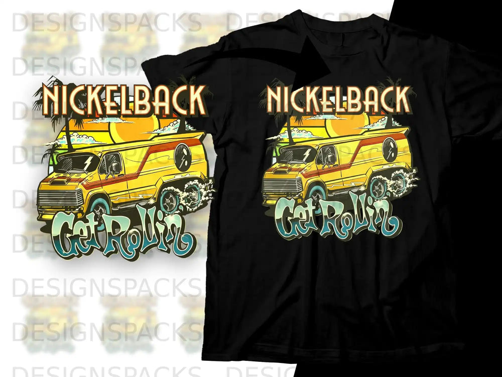 Yellow van with "Nickelback" and "Get Rollin'" text, illustrated.