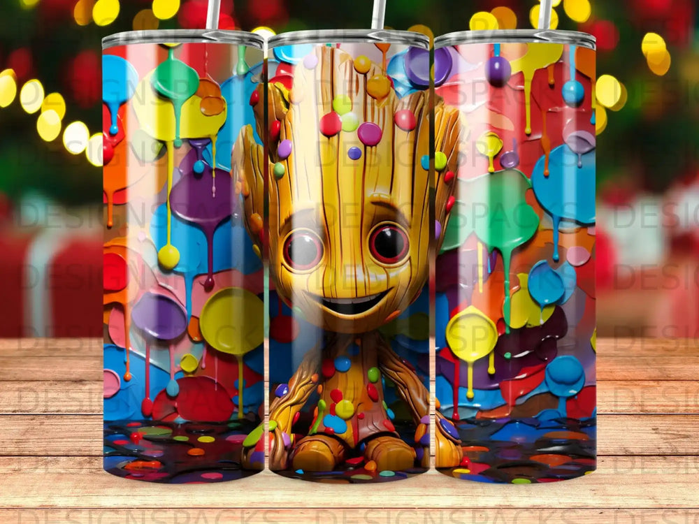 Groot character with colorful, dripping paint background.