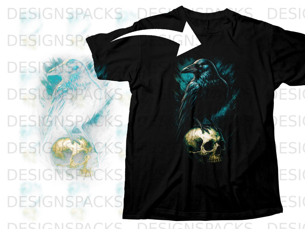 Black t-shirt with a raven perched on a skull graphic.
