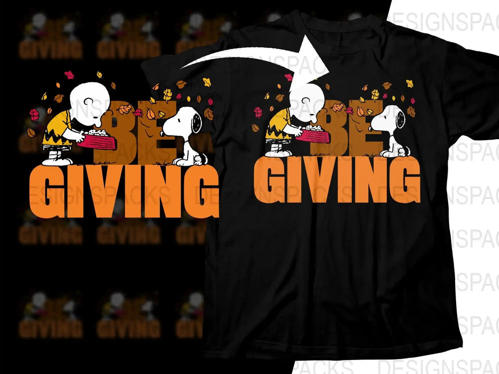 Charlie Brown and Snoopy sharing pie with 'Be Giving' text, autumn leaves, print-ready design for DTG/DTF